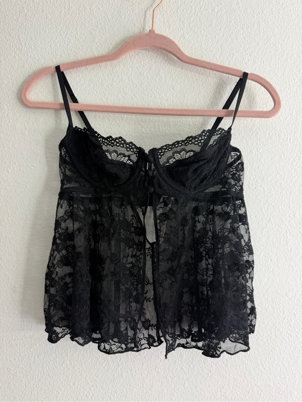 Out From Under Women’s Black Lace Babydoll Open Teddy Cami Size Medium